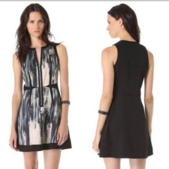 Rebecca Taylor Silk Artsy Front Zip Dress Black Watercolor Camo Cocktail Party - Picture 1 of 8